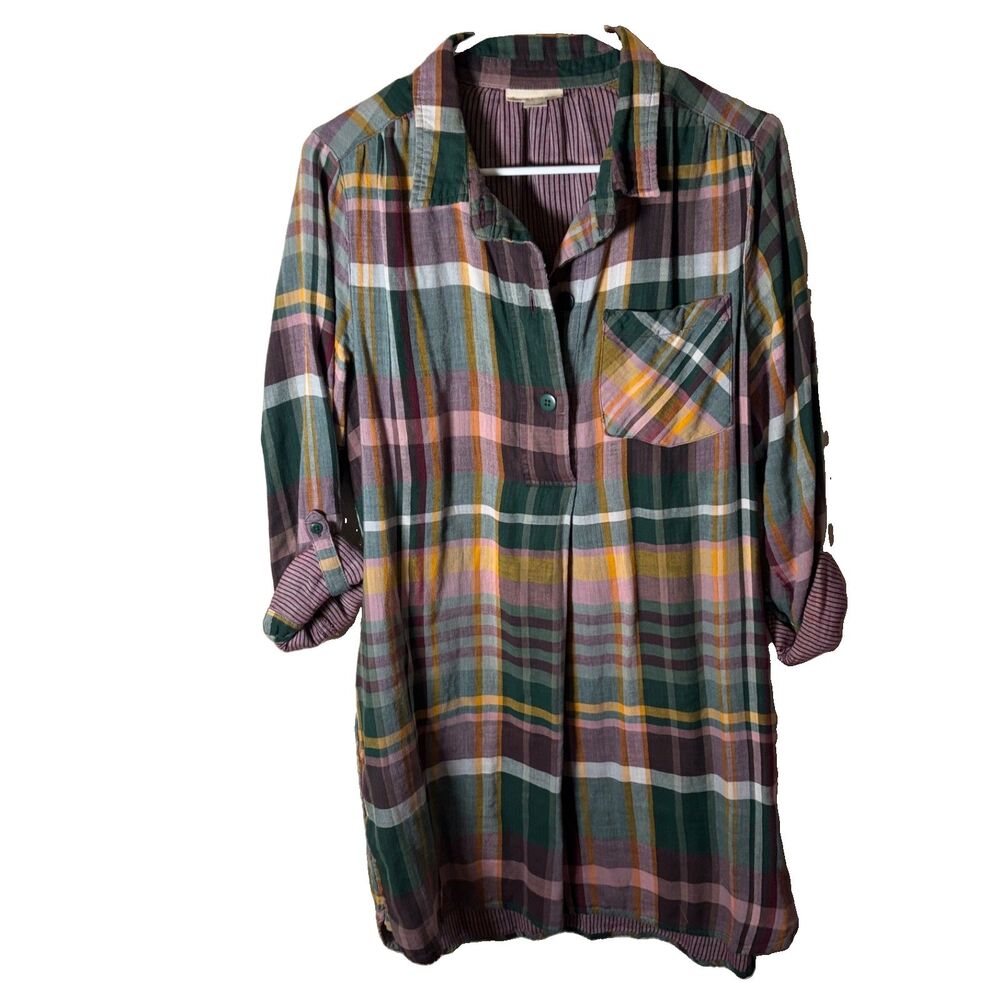 Canyon River Blues Dress Women's Large Plaid 3/4 Sleeve Collared Printed